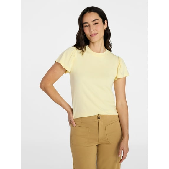 Time and Tru Women's Crewneck Top with Short Flutter Sleeves, Sizes XS-XXXL