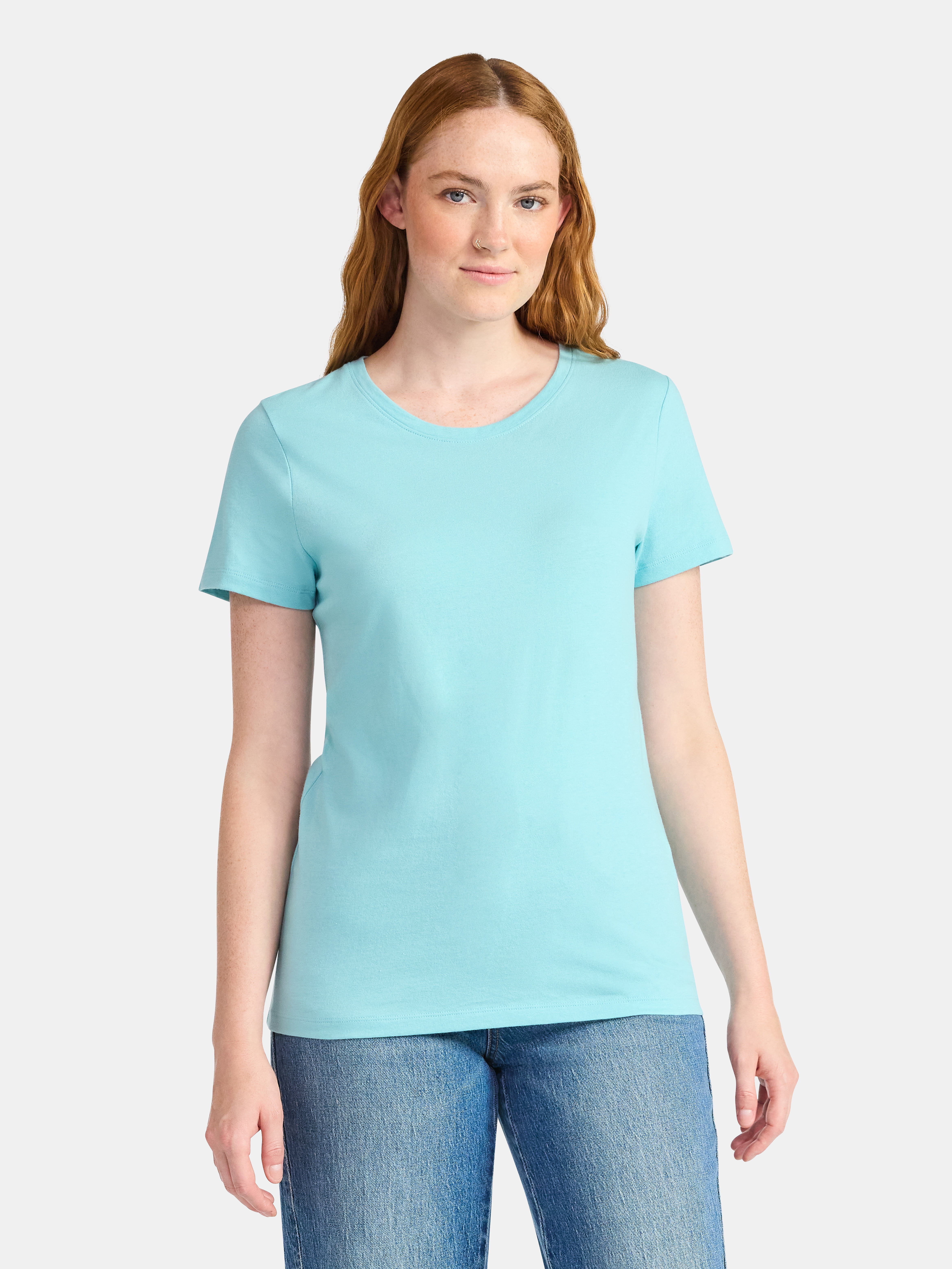 Time and Tru Women's Cotton Crewneck Tee with Short Sleeves, Sizes XS-XXXL