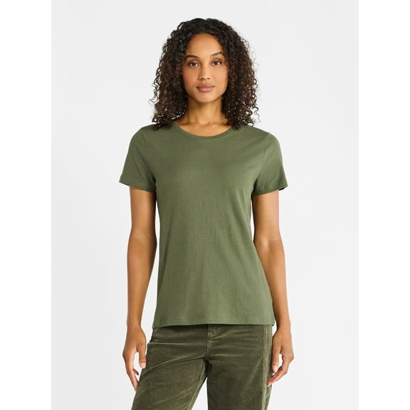 Time and Tru Women's Cotton Crewneck Tee with Short Sleeves, Sizes XS-XXXL