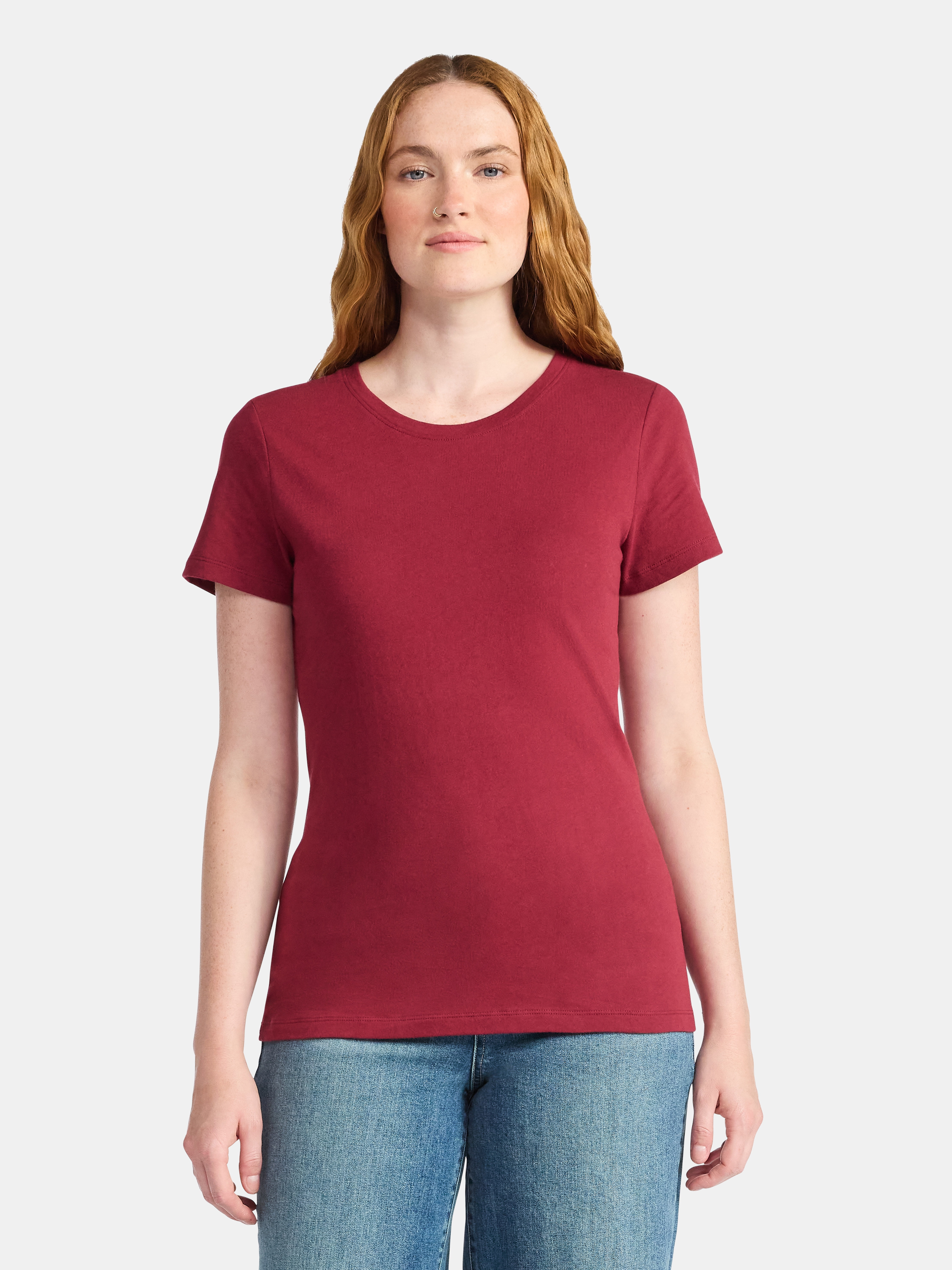 Time and Tru Women's Cotton Crewneck Tee with Short Sleeves, Sizes XS-XXXL