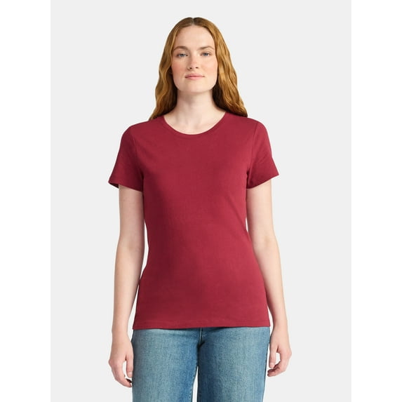 Time and Tru Women's Cotton Crewneck Tee with Short Sleeves, Sizes XS-XXXL