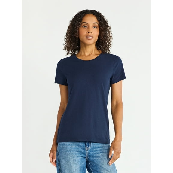 Time and Tru Women's Cotton Crewneck Tee with Short Sleeves, Sizes XS-XXXL