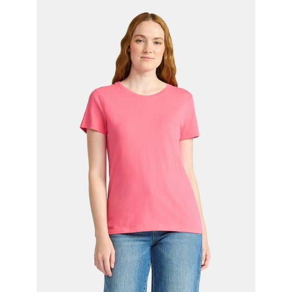 Time and Tru Women's Cotton Crewneck Tee with Short Sleeves, Sizes XS-XXXL