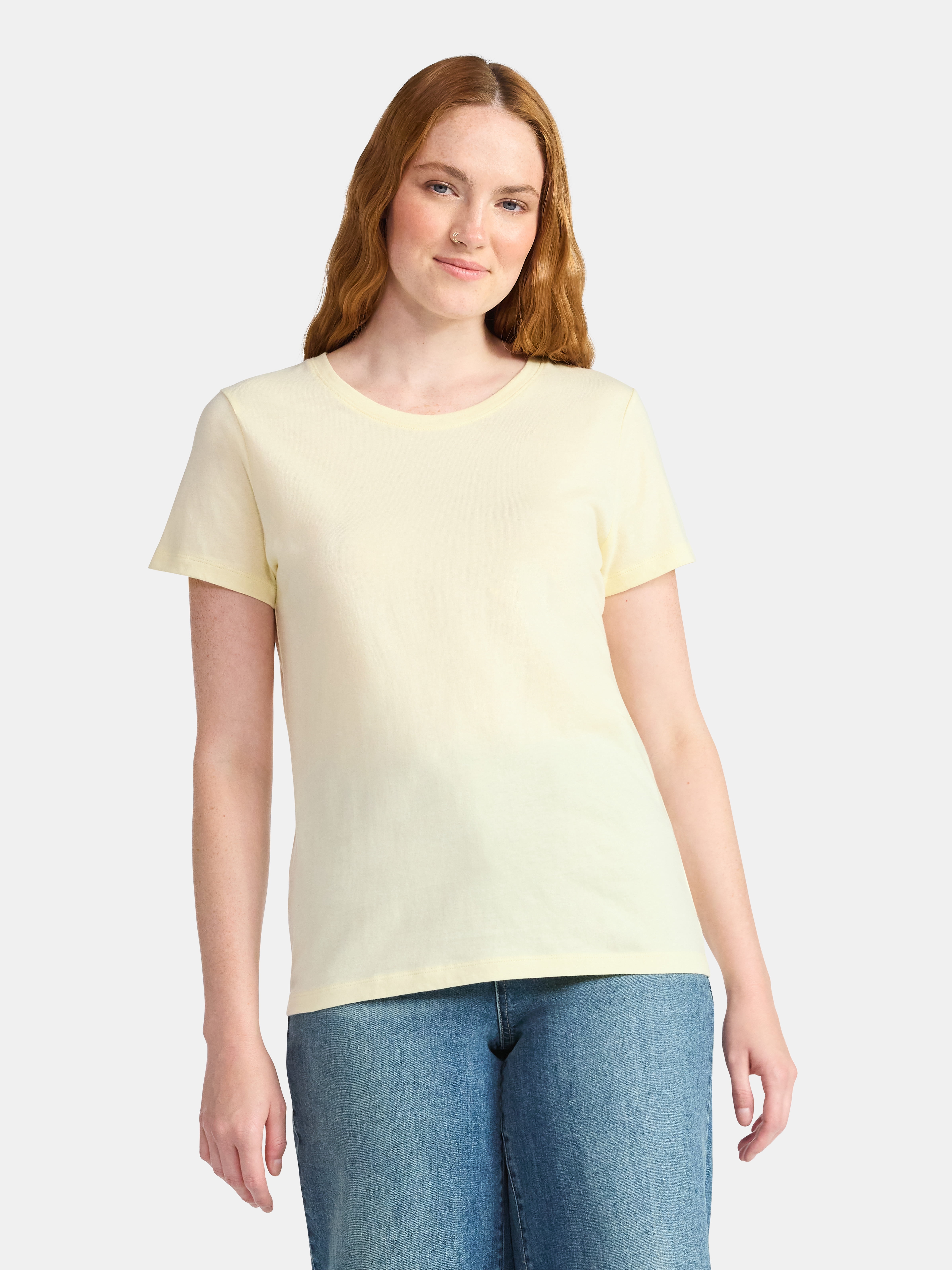 Time and Tru Women's Cotton Crewneck Tee with Short Sleeves, Sizes XS-XXXL