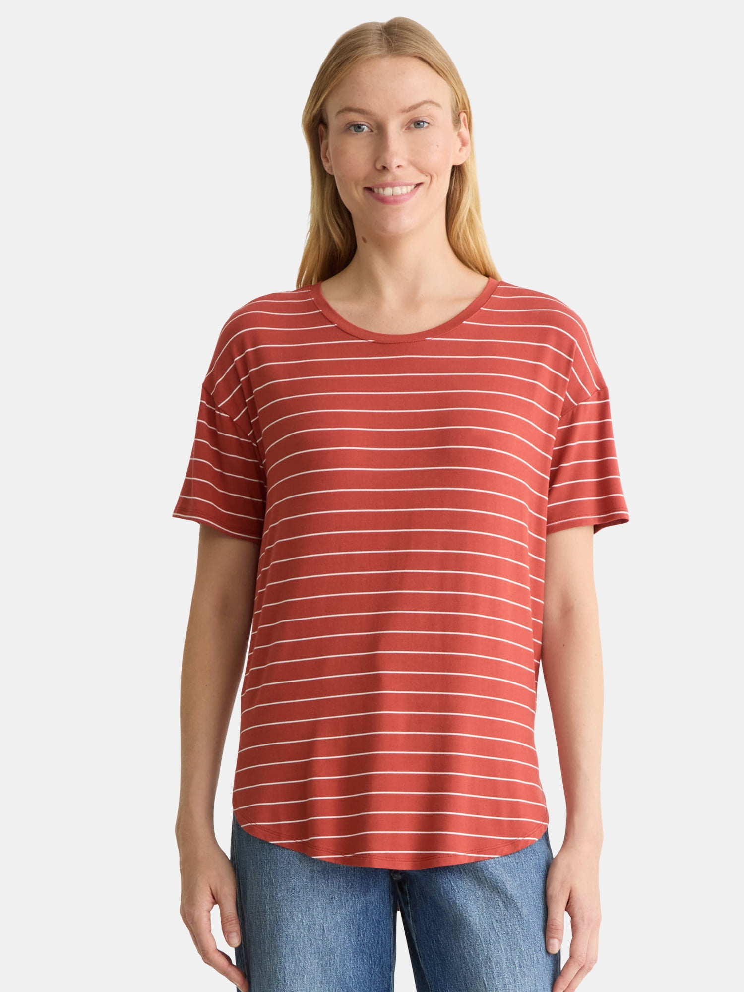 Time and Tru Women’s Crewneck Tunic Tee with Short Sleeves, Sizes XS-XXXL
