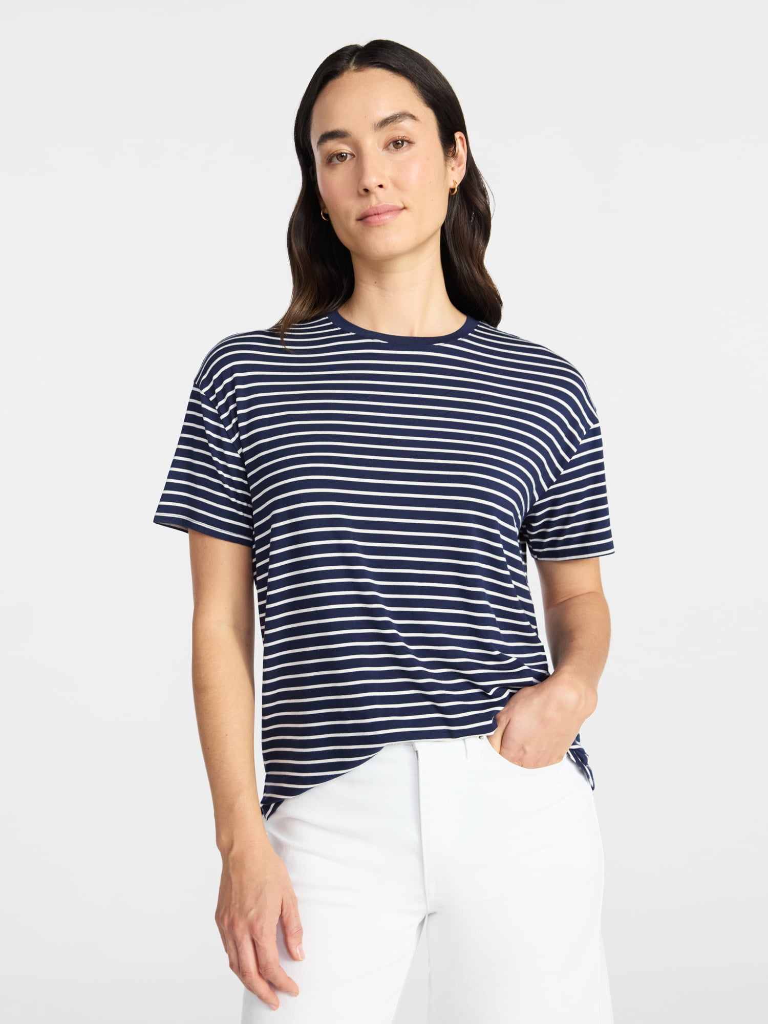 Time and Tru Women's Crewneck Tunic Tee with Short Sleeves, Sizes XS-XXXL