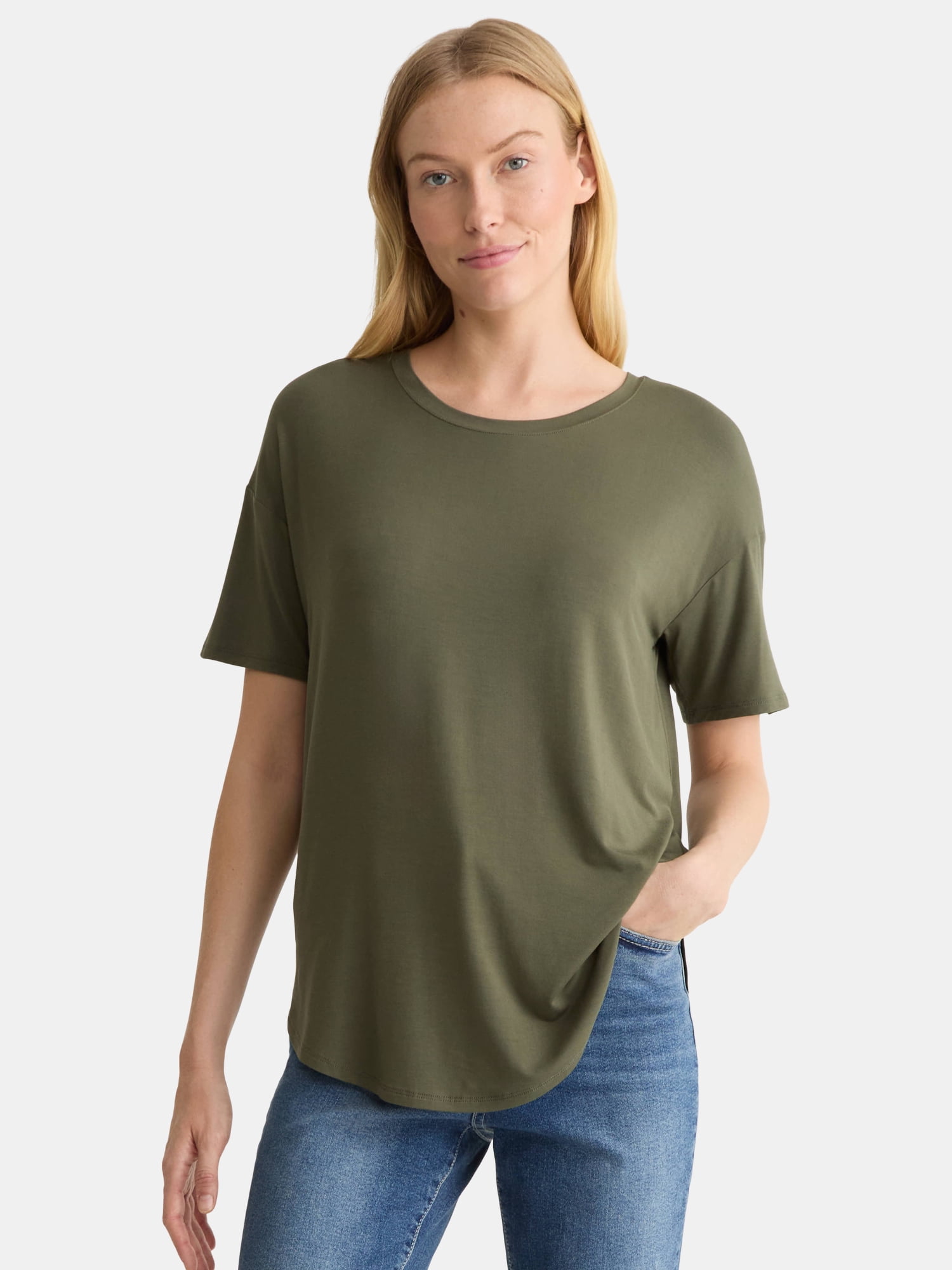 Time and Tru Women’s Crewneck Tunic Tee with Short Sleeves, Sizes XS-XXXL