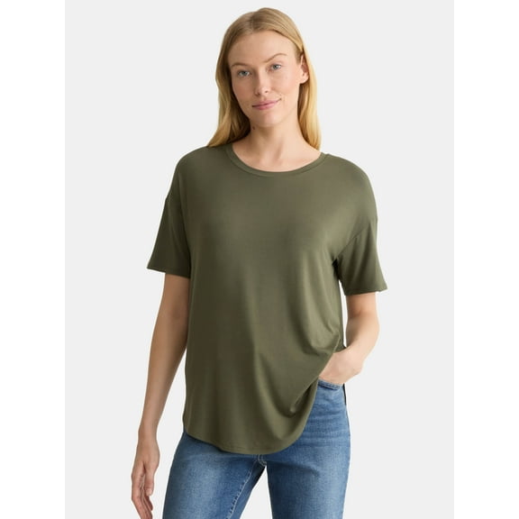 Time and Tru Women’s Crewneck Tunic Tee with Short Sleeves, Sizes XS-XXXL