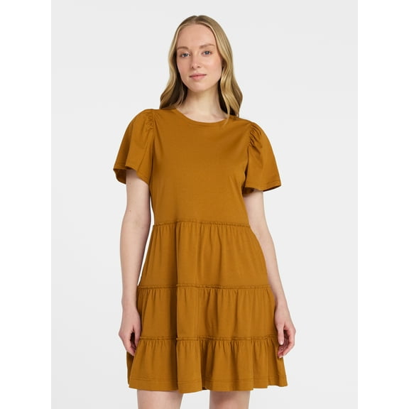 Time and Tru Women's and Women’s Plus Cotton Swing Dress with Short Sleeves, Sizes XS-4X