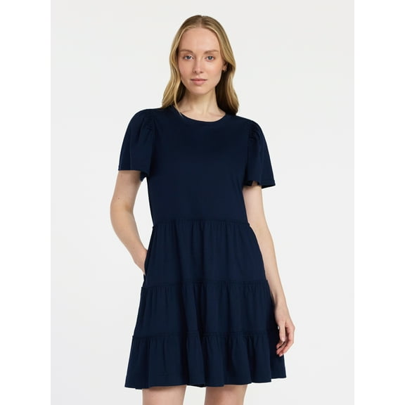 Time and Tru Women's and Women’s Plus Cotton Swing Dress with Short Sleeves, Sizes XS-4X