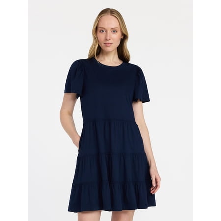 Time and Tru Women's and Women’s Plus Cotton Swing Dress with Short Sleeves, Sizes XS-4X