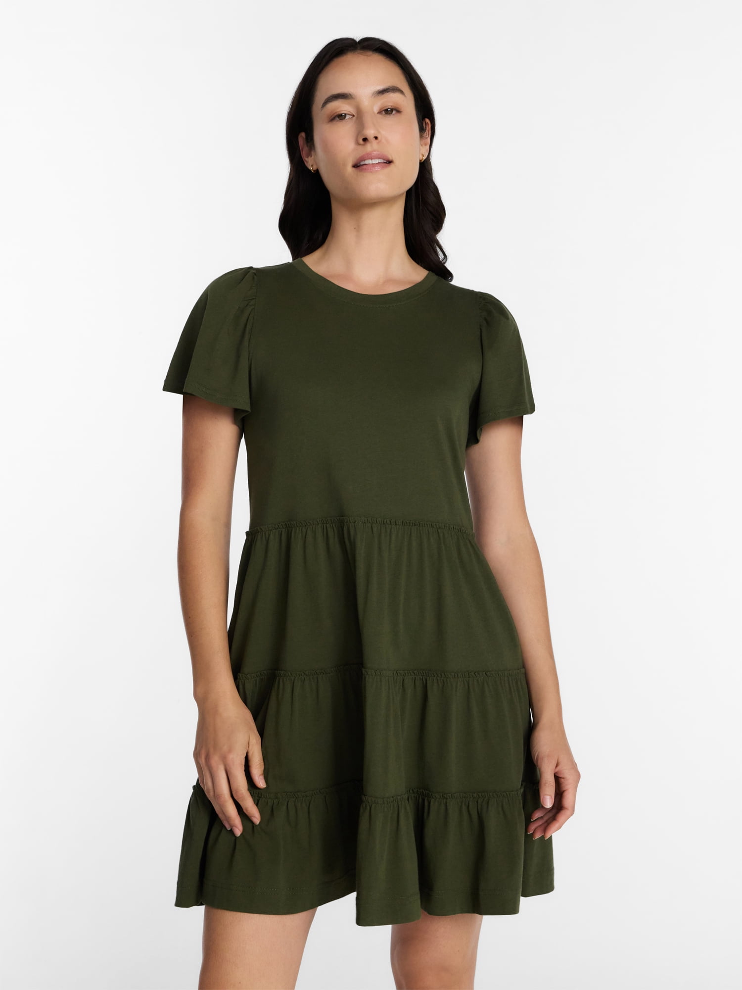 Time and Tru Women's and Women’s Plus Cotton Swing Dress with Short Sleeves, Sizes XS-4X