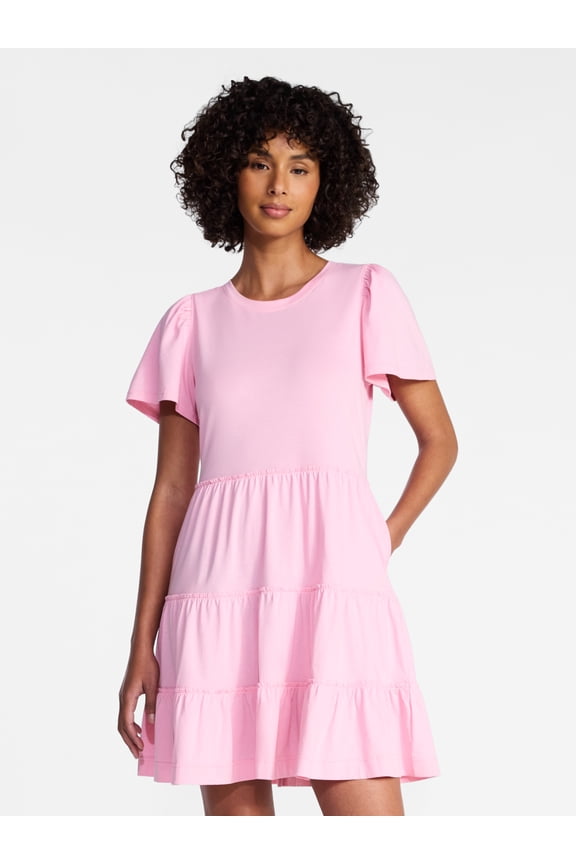 Women's and Women’s Plus Knit Flounce Swing Dress with Short Sleeves, Sizes XS-4X