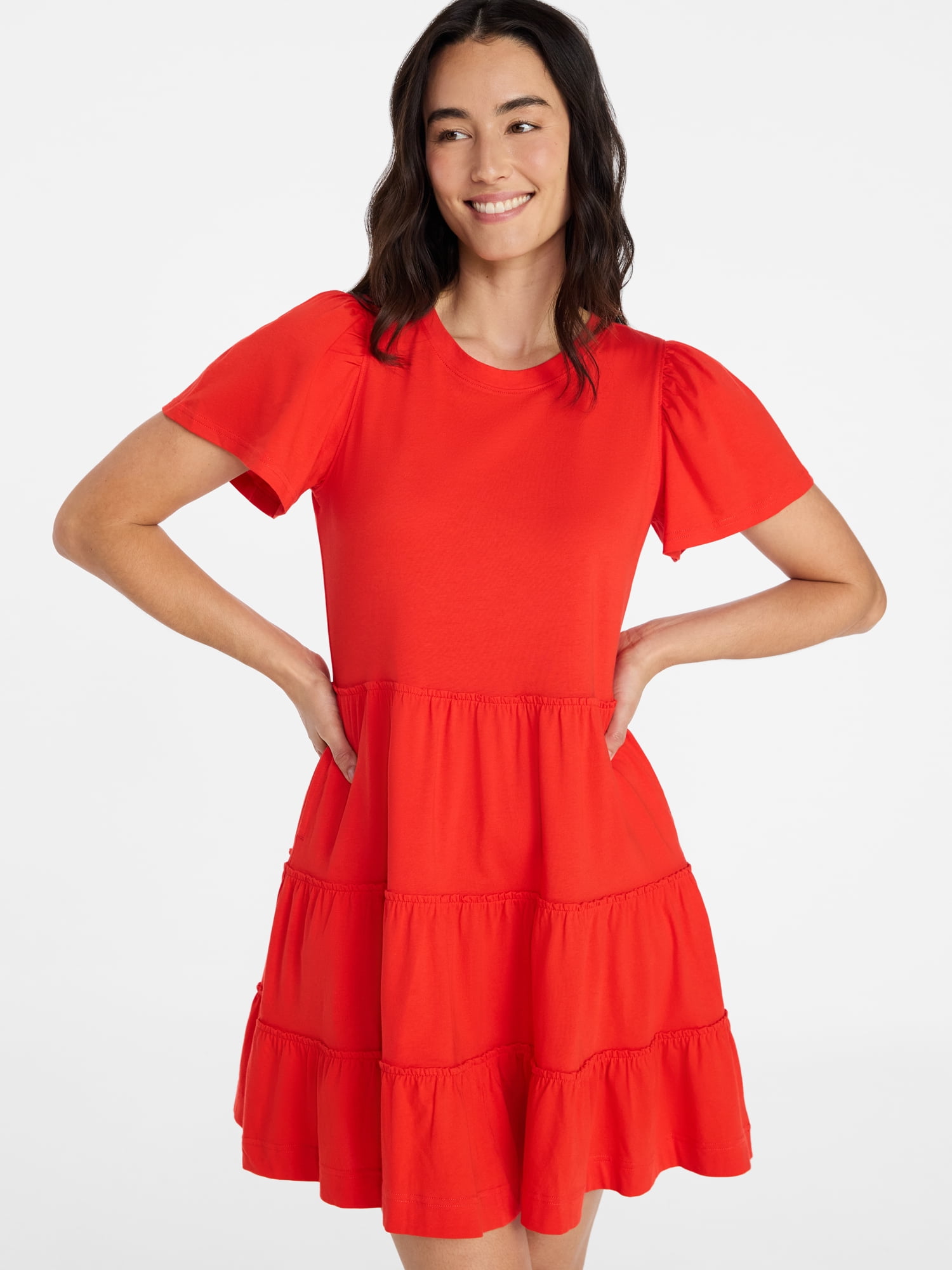 Time and Tru Women's and Women’s Plus Cotton Swing Dress with Short Sleeves, Sizes XS-4X