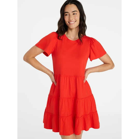 Time and Tru Women's and Women’s Plus Cotton Swing Dress with Short Sleeves, Sizes XS-4X