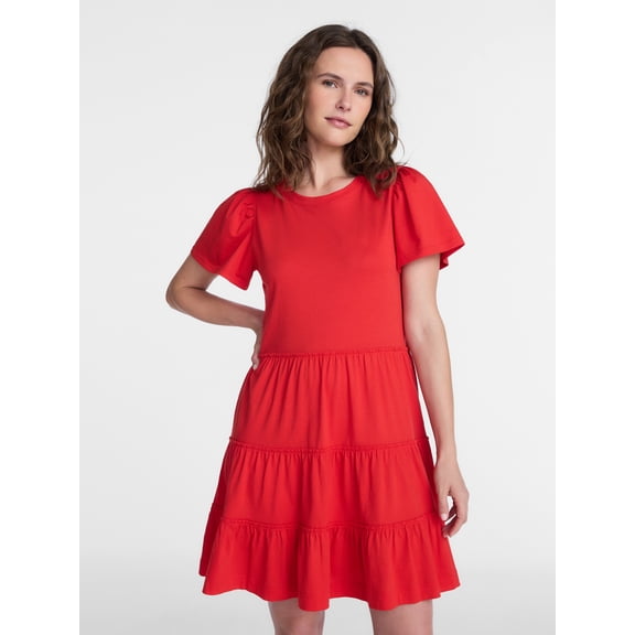 Time and Tru Women's and Women’s Plus Cotton Swing Dress with Short Sleeves, Sizes XS-4X
