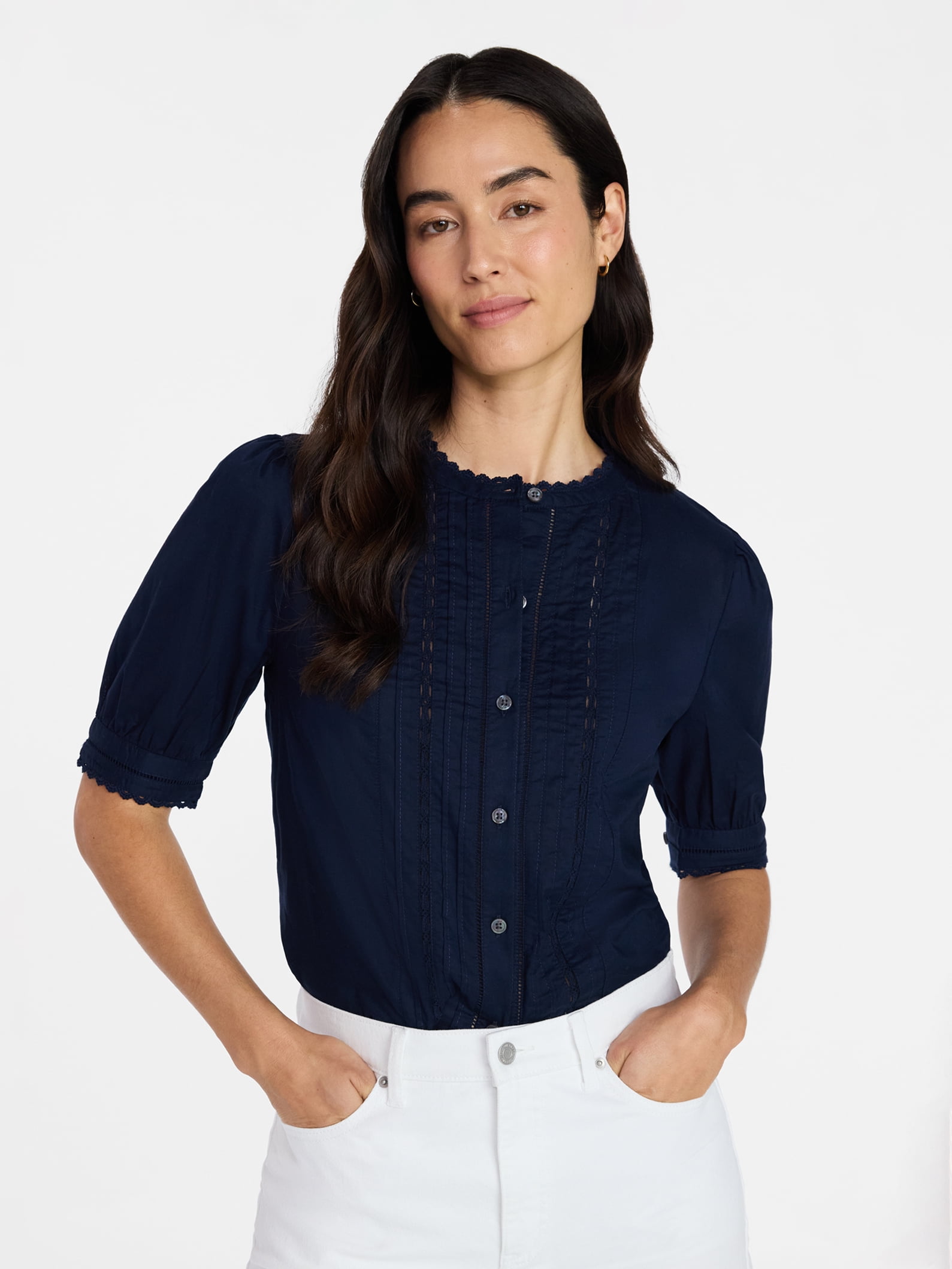 Time and Tru Women's and Women's Plus Lace Inset Button Front Cotton Shirt with Short Sleeves, Sizes XS-4X
