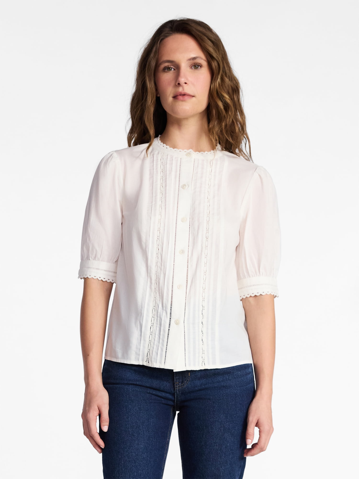 Time and Tru Women's and Women's Plus Cotton Lace Inset Blouse with Elbow Length Sleeves, Sizes XS-4X