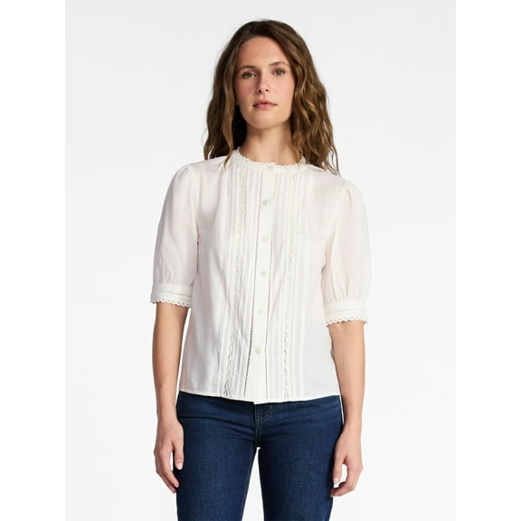 Time and Tru Women's and Women's Plus Cotton Lace Inset Blouse with Elbow Length Sleeves, Sizes XS-4X
