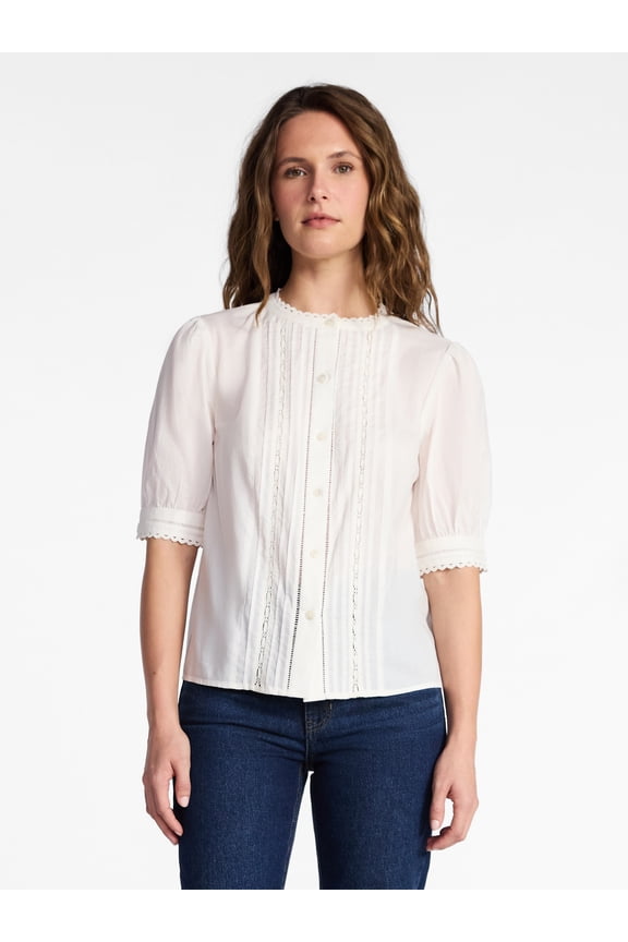 Women's and Women's Plus Cotton Lace Inset Blouse with Elbow Length Sleeves, Sizes XS-4X