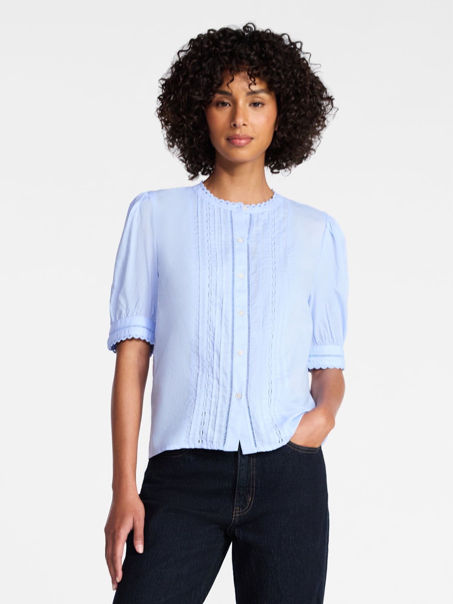 Time and Tru Women's and Women's Plus Cotton Lace Inset Blouse with Elbow Length Sleeves, Sizes XS-4X