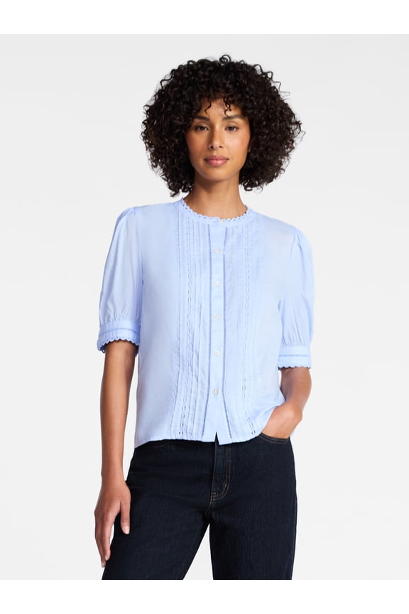 Women's and Women's Plus Cotton Lace Inset Blouse with Elbow Length Sleeves, Sizes XS-4X