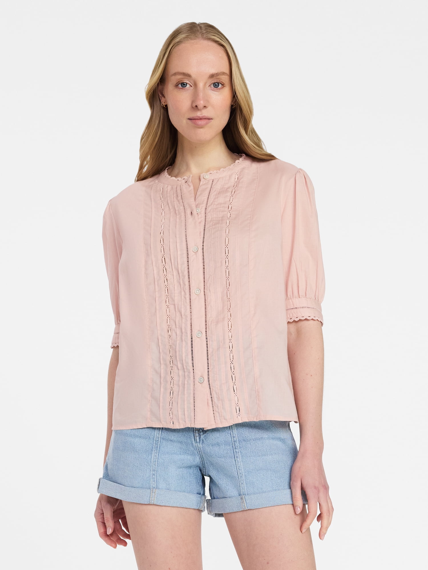Time and Tru Women's and Women's Plus Cotton Lace Inset Blouse with Elbow Length Sleeves, Sizes XS-4X