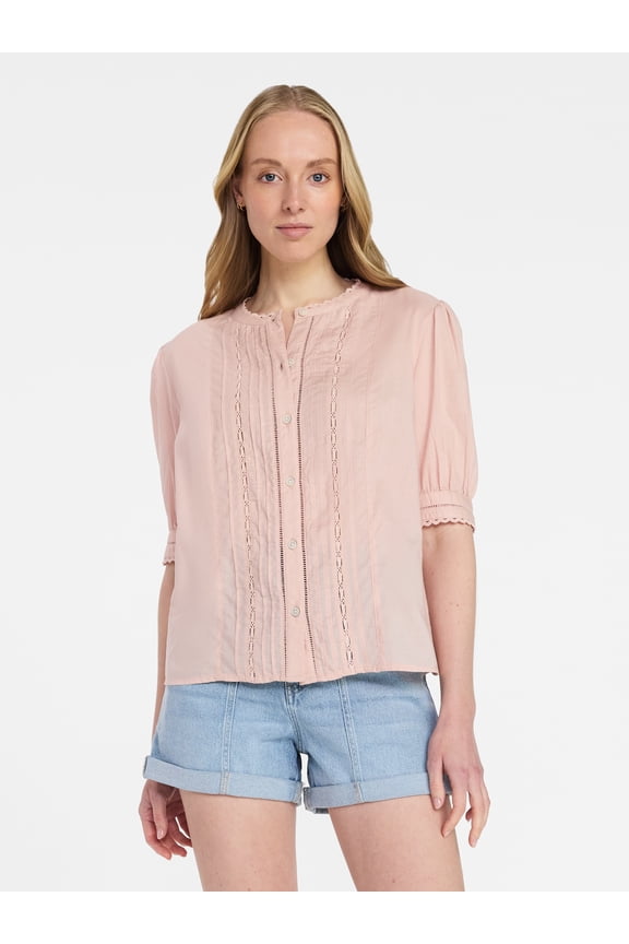 Women's and Women's Plus Cotton Lace Inset Blouse with Elbow Length Sleeves, Sizes XS-4X