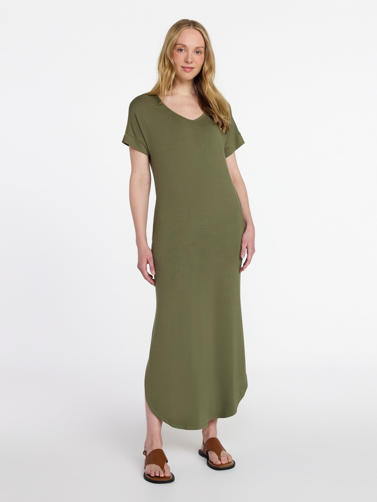 Time and Tru Women's T-Shirt Maxi Dress with Short Sleeves, Sizes XS-XXXL