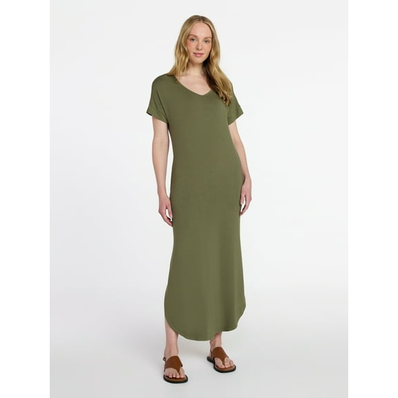 Time and Tru Women's T-Shirt Maxi Dress with Short Sleeves, Sizes XS-XXXL