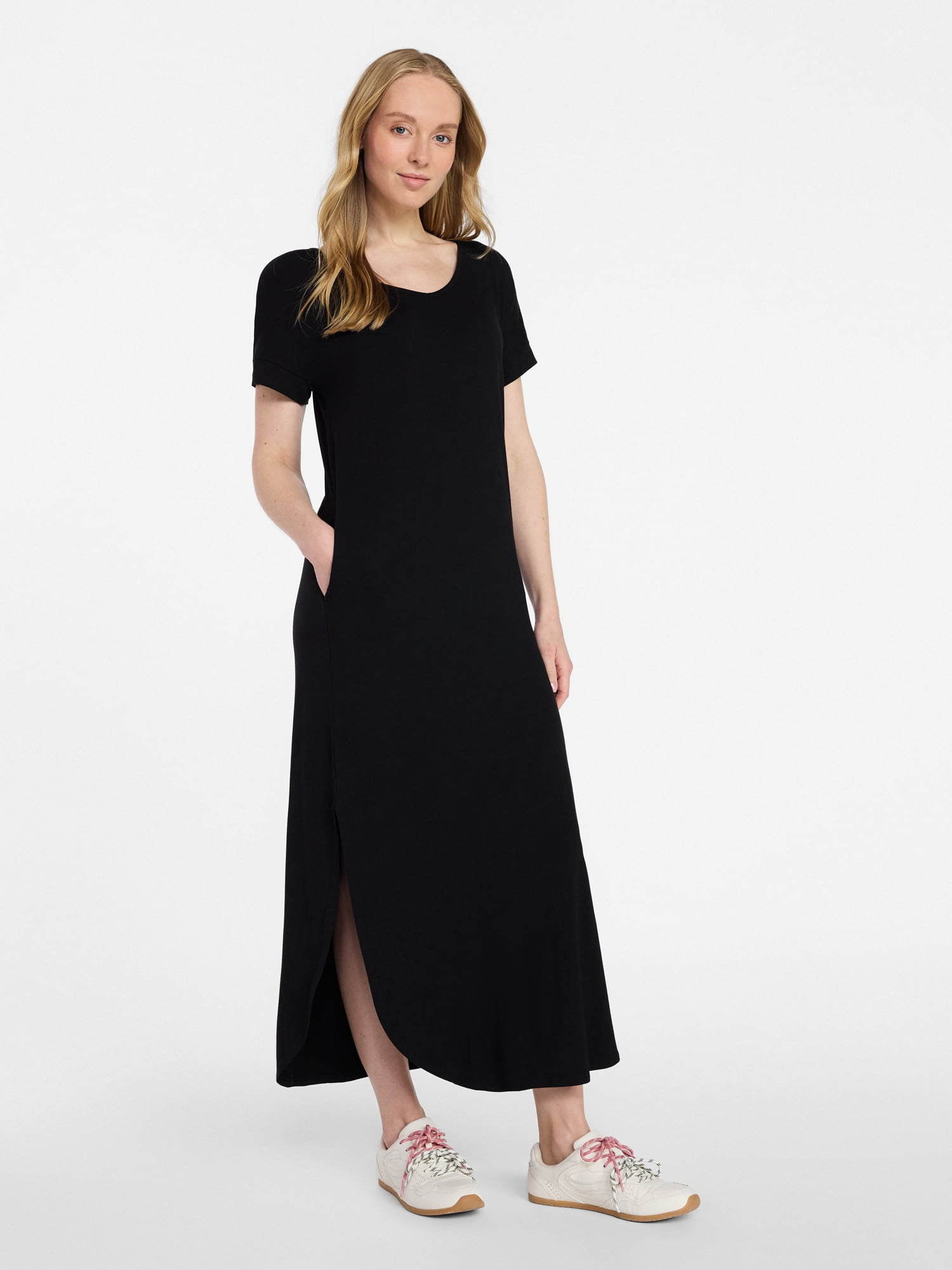 Time and Tru Women's T-Shirt Maxi Dress with Short Sleeves, Sizes XS-XXXL