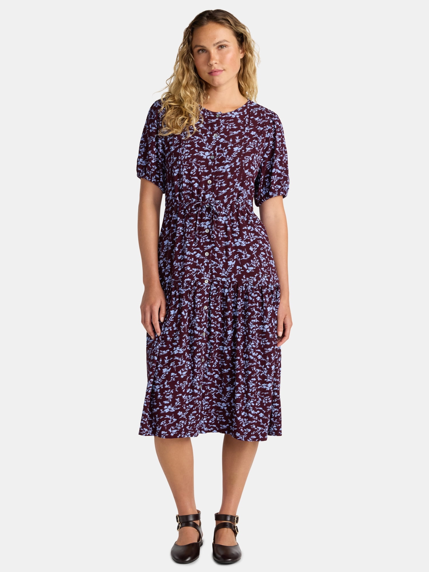 Time and Tru Women's Midi Shirtdress with Short Sleeves, Sizes XS-XXXL