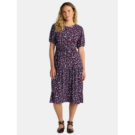 Time and Tru Women's Midi Shirtdress with Short Sleeves, Sizes XS-XXXL
