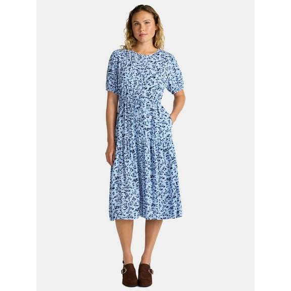Time and Tru Women's Midi Shirtdress with Short Sleeves, Sizes XS-XXXL