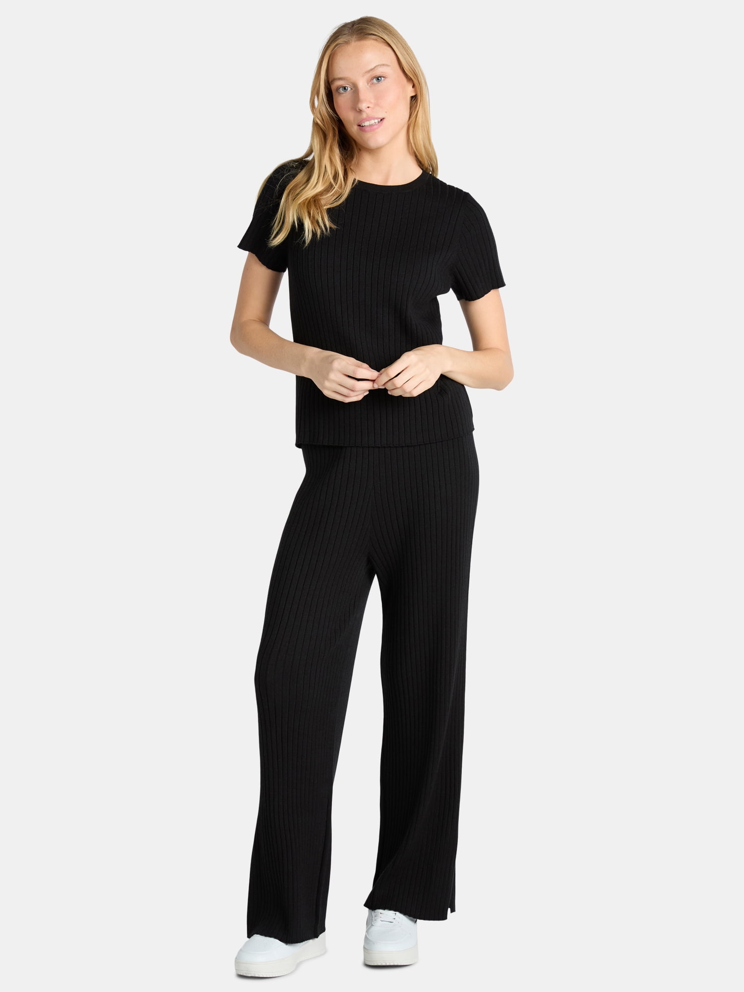 Time and Tru Women's Ribbed Sweater Top and Wide Leg Pants Set, 2-Piece, Sizes XS-XXXL