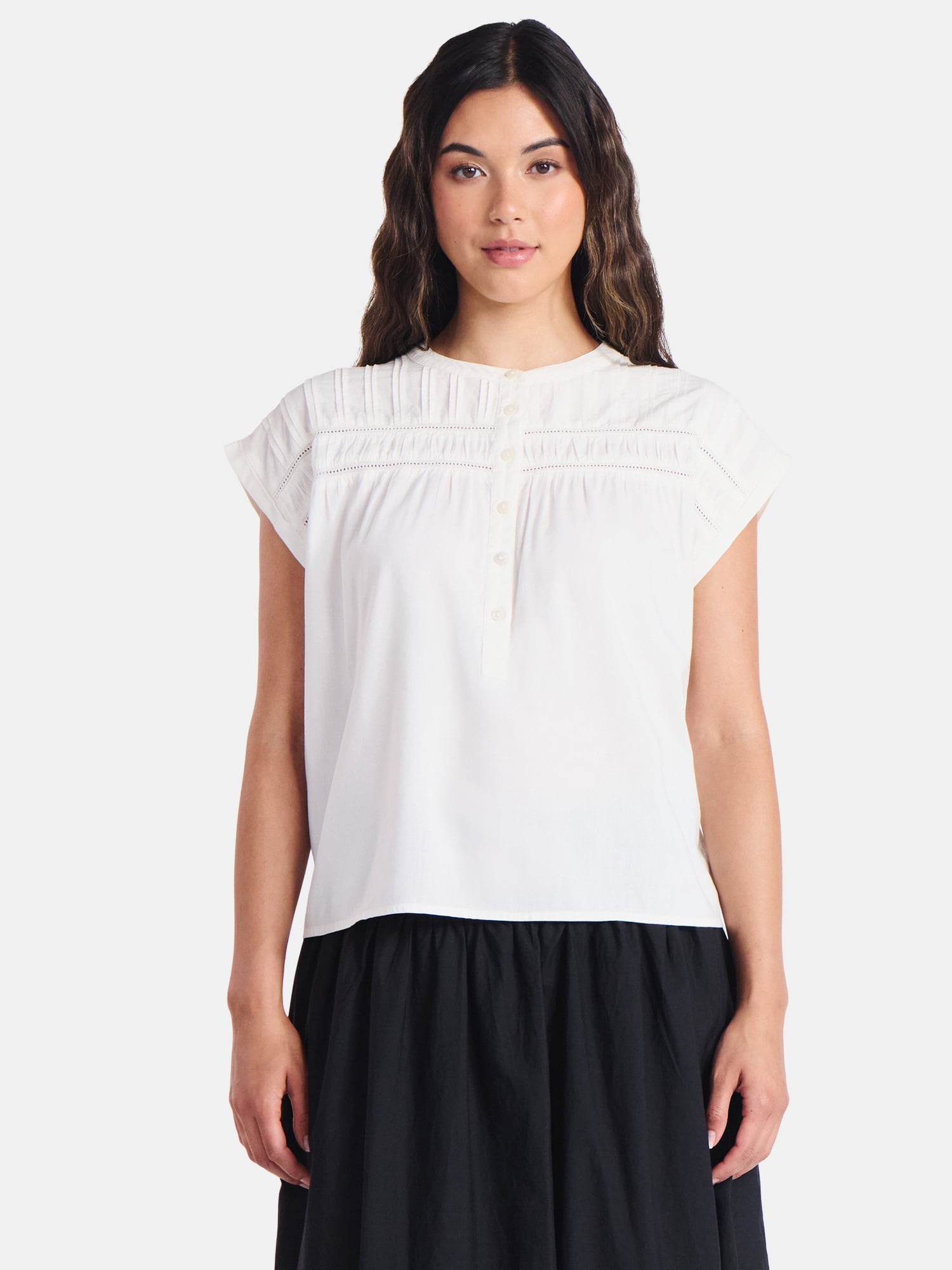 Time and Tru Women's Pintuck Blouse with Short Sleeves, Sizes XS-XXXL