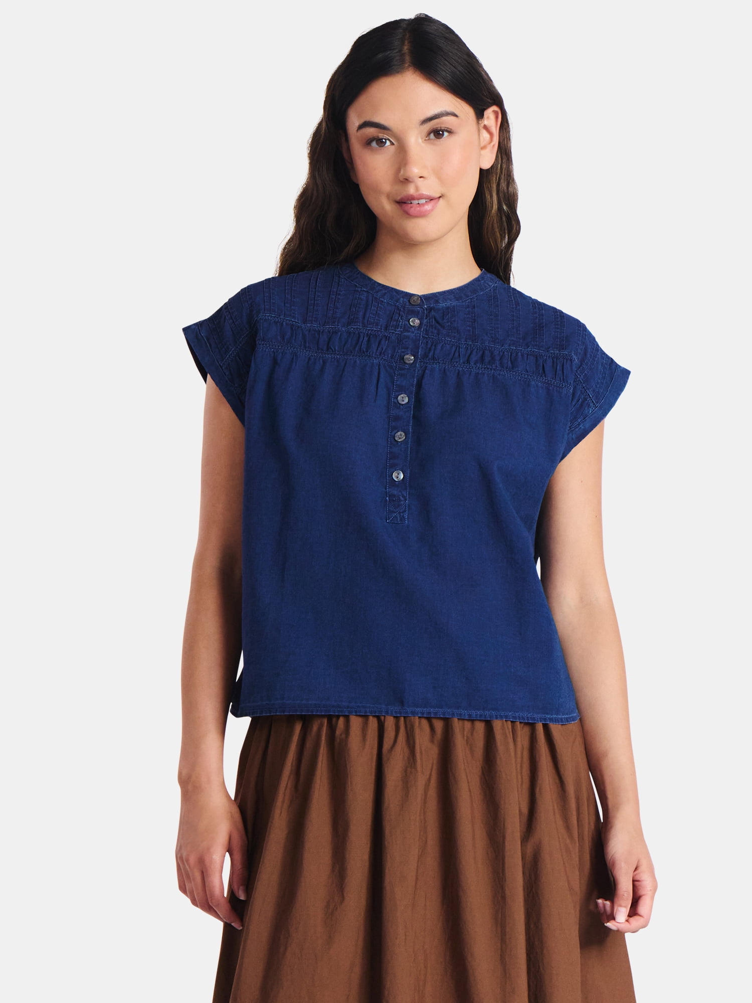 Time and Tru Women's Pintuck Blouse with Short Sleeves, Sizes XS-XXXL