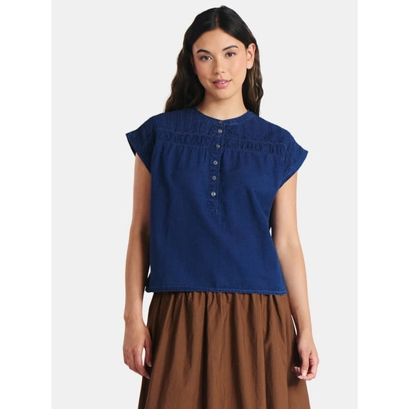 Time and Tru Women's Pintuck Blouse with Short Sleeves, Sizes XS-XXXL