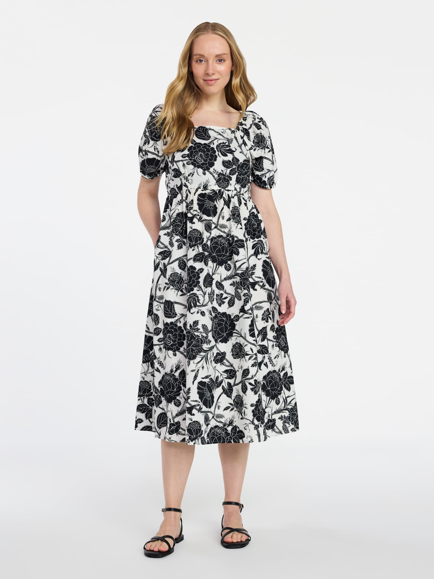 Time and Tru Women's and Women's Plus Cotton Back Tie Midi Dress with Short Puff Sleeves, Sizes XS-4X