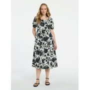 Time and Tru Women's and Women's Plus Cotton Back Tie Midi Dress with Short Puff Sleeves, Sizes XS-4X