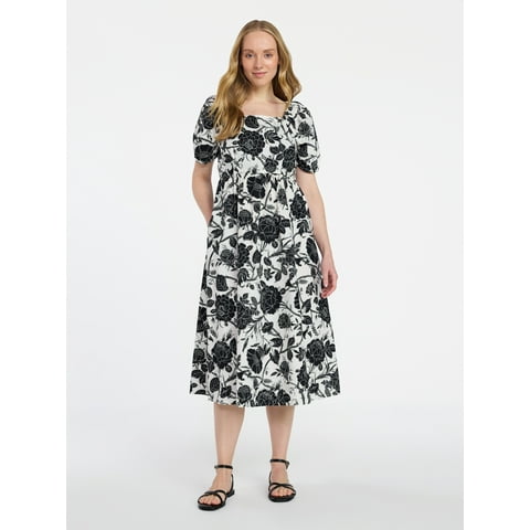 Time and Tru Women's and Women's Plus Cotton Back Tie Midi Dress with Short Puff Sleeves, Sizes XS-4X