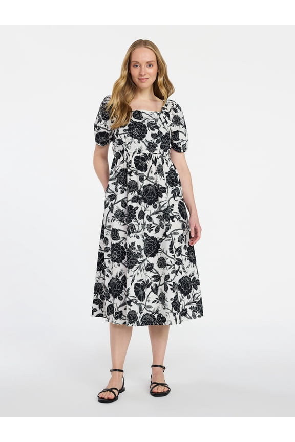 Women's and Women's Plus Cotton Back Tie Midi Dress with Short Puff Sleeves, Sizes XS-4X