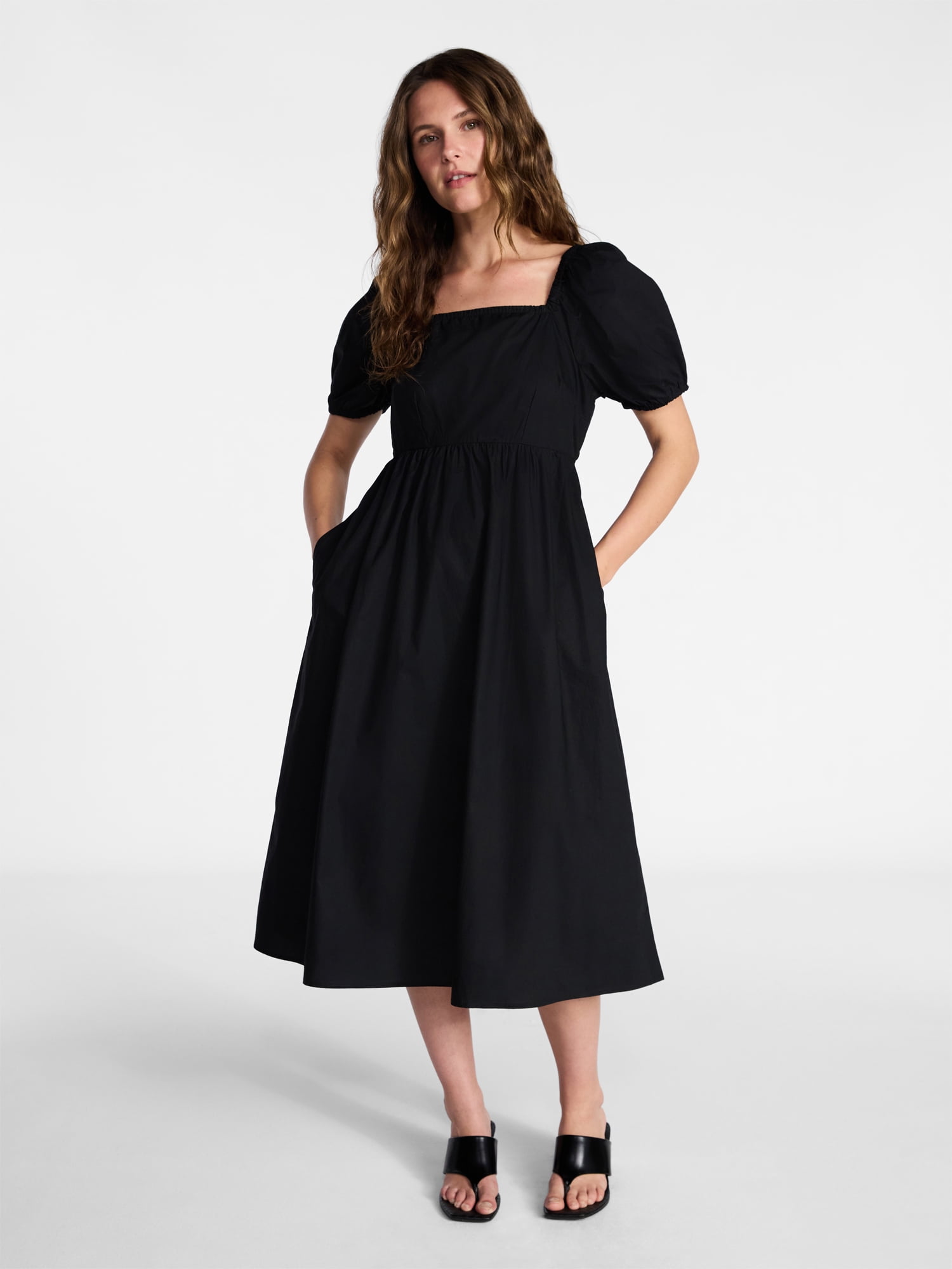 Time and Tru Women's and Women's Plus Cotton Back Tie Midi Dress with Short Puff Sleeves, Sizes XS-4X