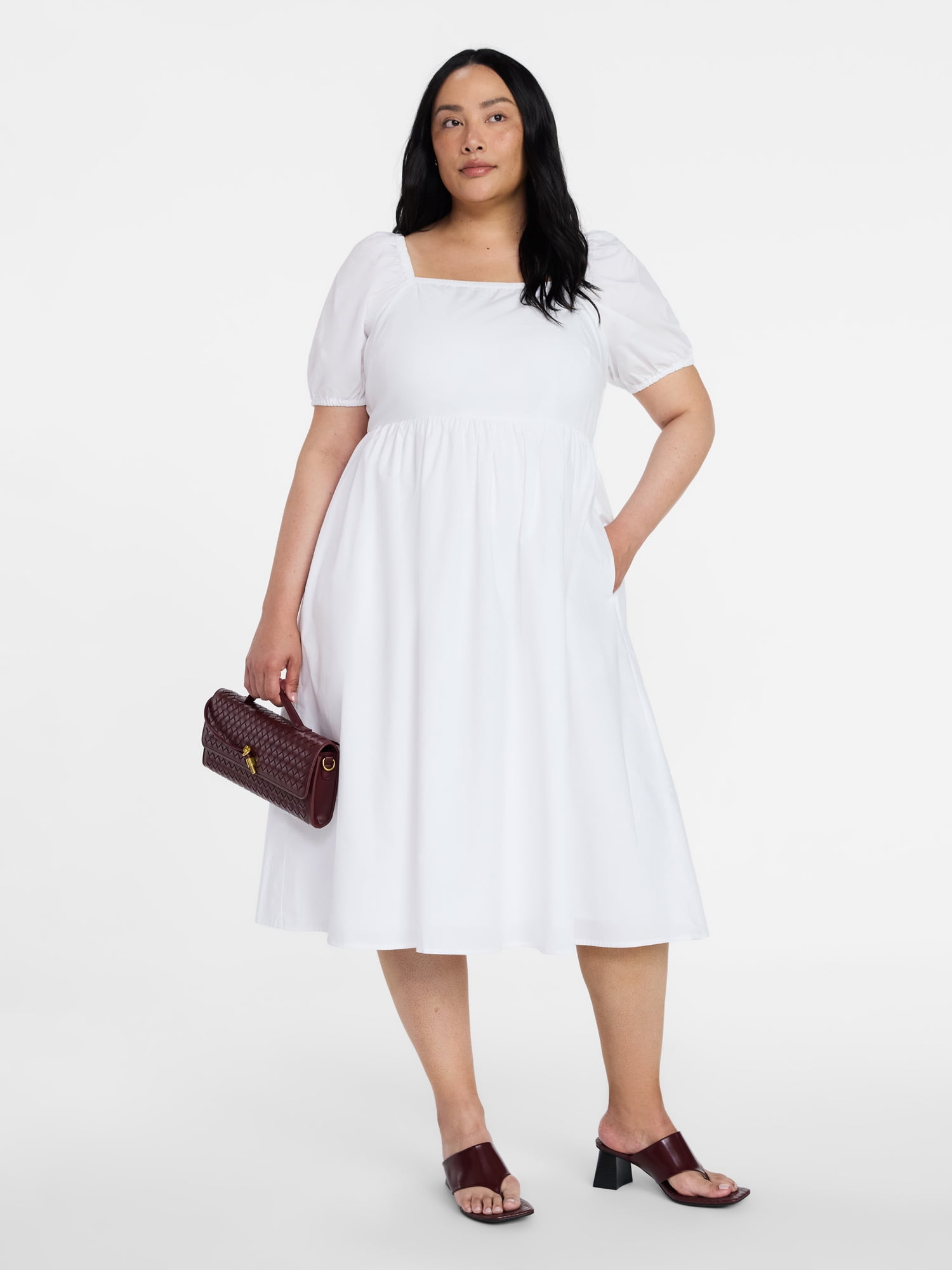 Time and Tru Women's and Women's Plus Cotton Back Tie Midi Dress with Short Puff Sleeves, Sizes XS-4X