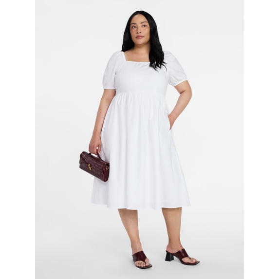 Time and Tru Women's and Women's Plus Cotton Back Tie Midi Dress with Short Puff Sleeves, Sizes XS-4X