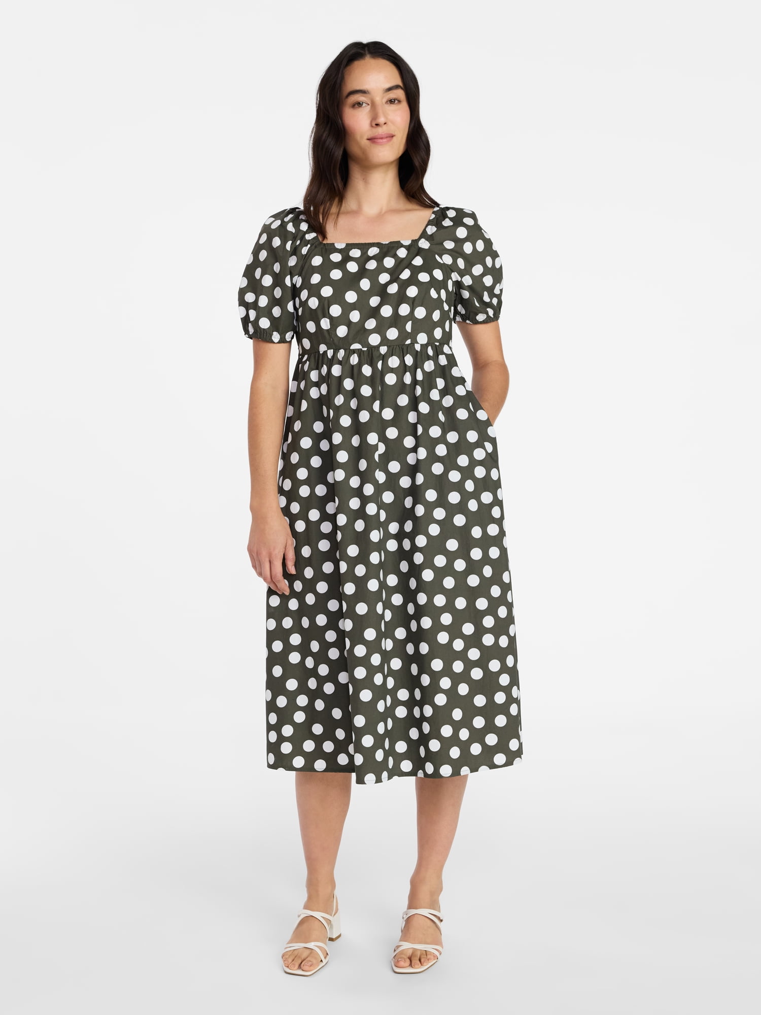 Time and Tru Women's and Women's Plus Cotton Back Tie Midi Dress with Short Puff Sleeves, Sizes XS-4X