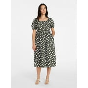 Time and Tru Women's and Women's Plus Cotton Back Tie Midi Dress with Short Puff Sleeves, Sizes XS-4X