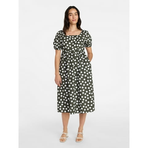 Women's and Women's Plus Cotton Back Tie Midi Dress with Short Puff Sleeves, Sizes XS-4X
