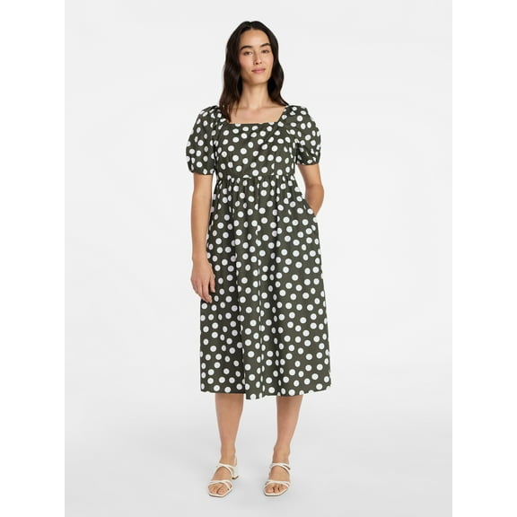 Time and Tru Women's and Women's Plus Cotton Back Tie Midi Dress with Short Puff Sleeves, Sizes XS-4X