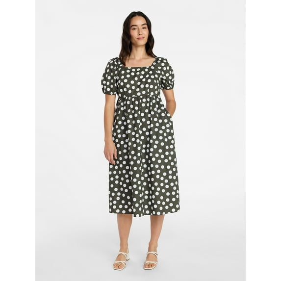 Time and Tru Women's and Women's Plus Cotton Back Tie Midi Dress with Short Puff Sleeves, Sizes XS-4X